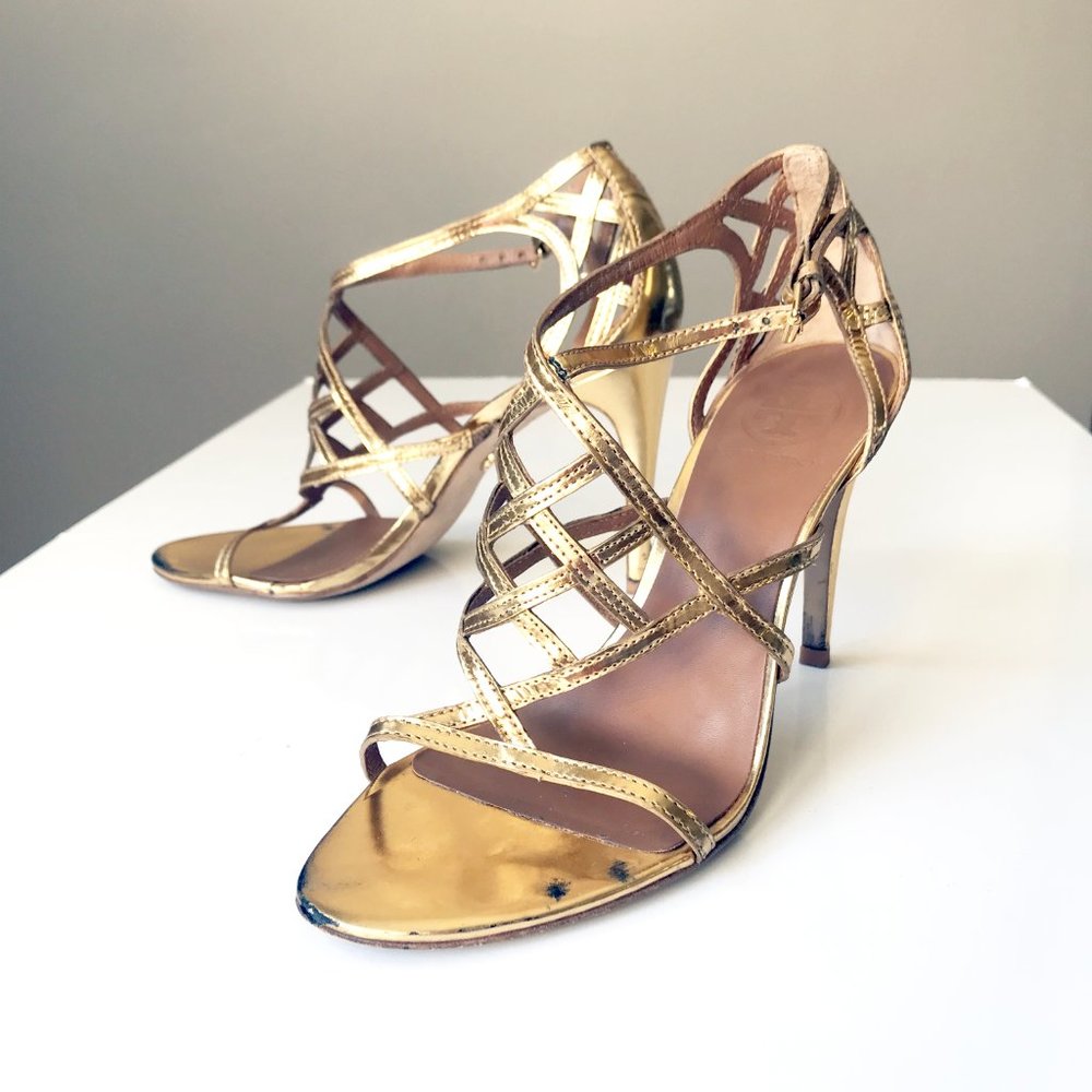 Tory Burch Amalie Gold High Heel Sandals Size 7.5 - Picture 5 of 7